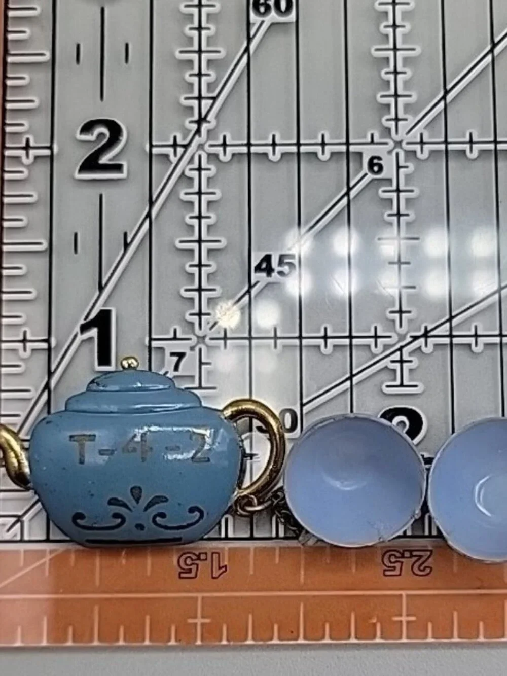 Antique T-4-2 Celluloid Brooch Teapot w/Dangling Teacups Blue Gold Tone C-Clasp